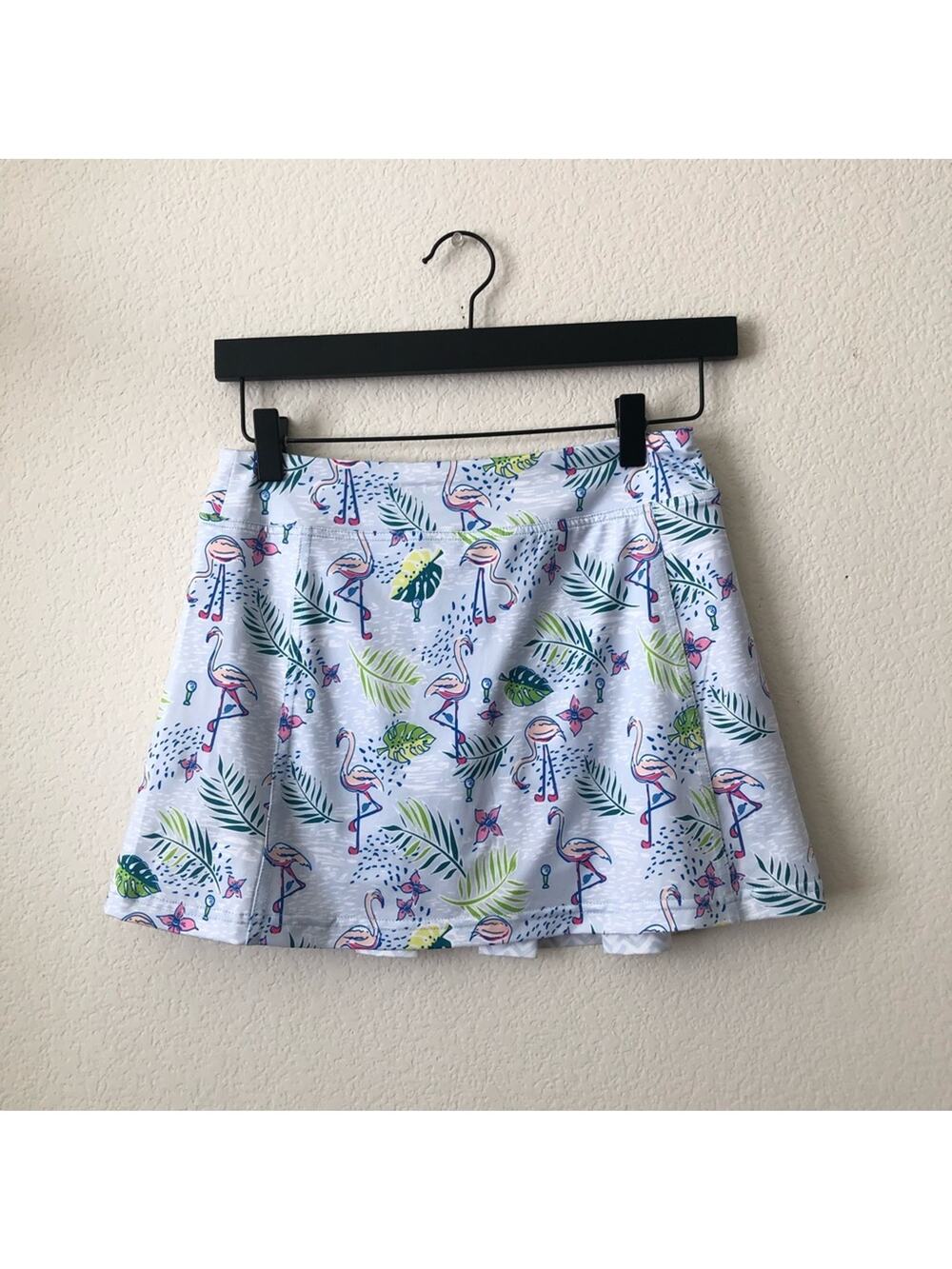 Turtles & Tees Krissy Skort Flamingo Club Blue Waves tropical print gold pleated